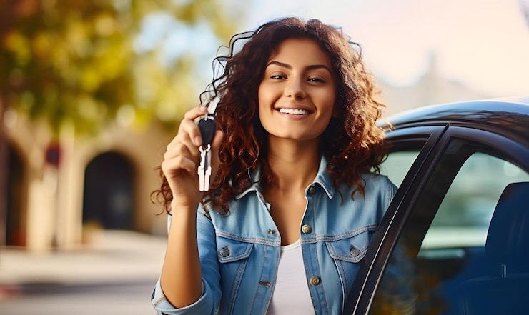 Happy woman driver showing car keys and leaning on car door