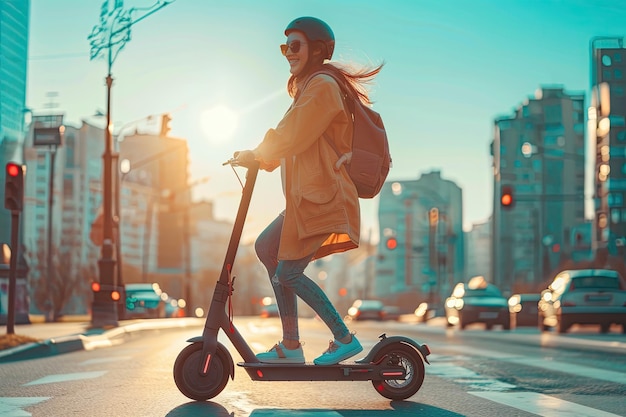 電動スクーターに乗った幸せな女性が道路に沿って走っています