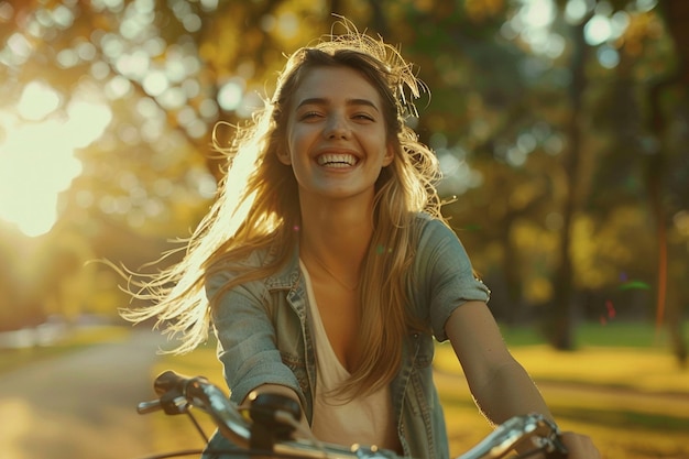 Foto una donna felice che si diverte a fare un giro in bicicletta nel parco