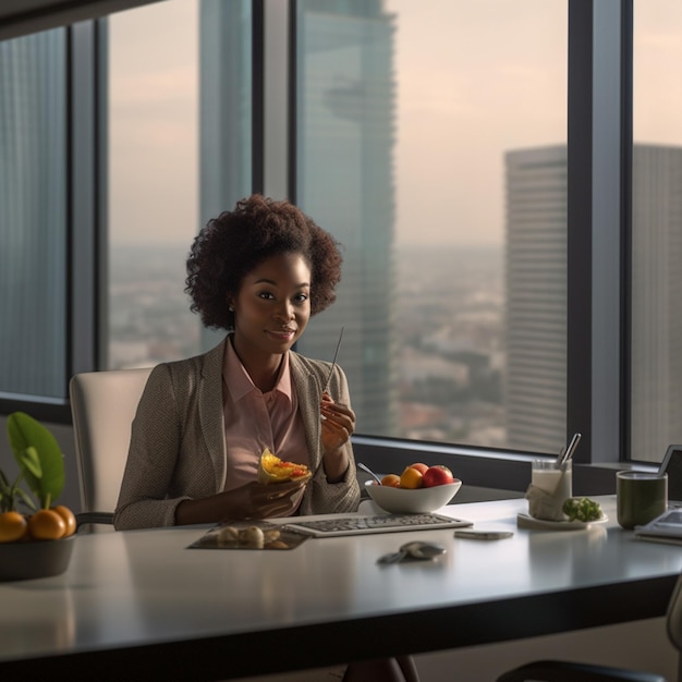 Happy woman enjoying healthy meal at desk with glass window view