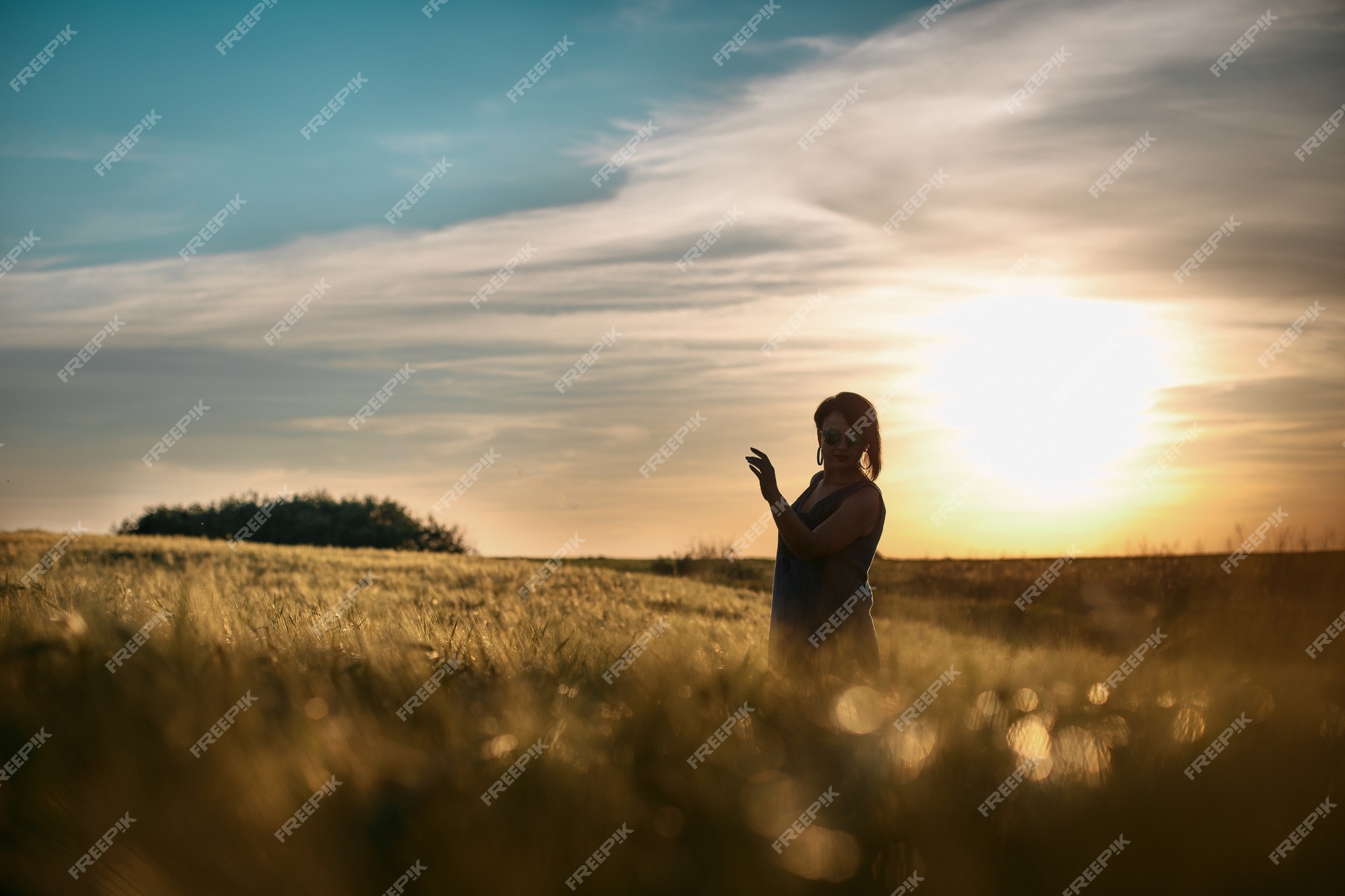 silhouette of a beautiful girl at sunset in a field, face profile of young  woman on nature Stock Photo