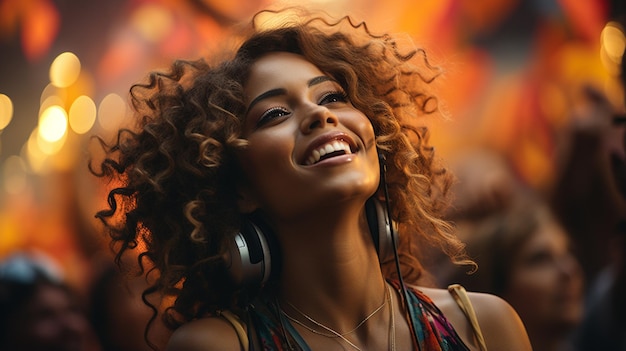 happy woman enjoying music on headphones