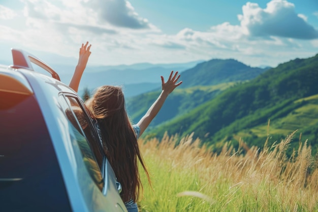 写真 オープンカーでロードトリップを楽しむ幸せな女性