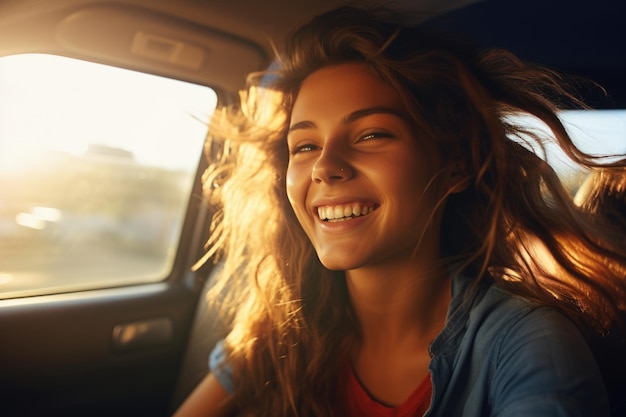 Happy woman enjoying summer vacation on road trip AI Generative