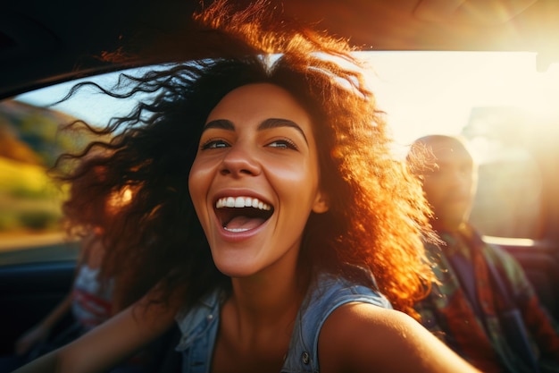 Happy woman enjoying summer vacation on road trip AI Generative