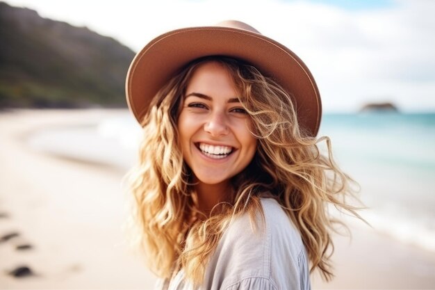 Happy woman enjoying sunny beach day Healthy lifestyle concept