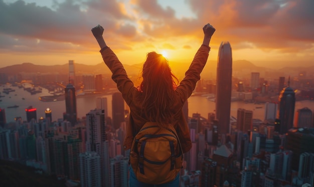 Happy woman enjoys the sunset on the top of skyscraper in Hong Kong