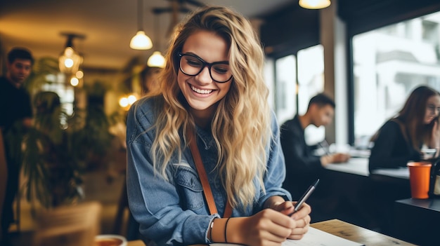 Happy woman or fashion designer writing ideas for her small business in a note book