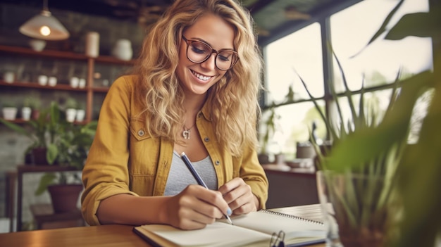 Happy woman or fashion designer writing ideas for her small business in a note book