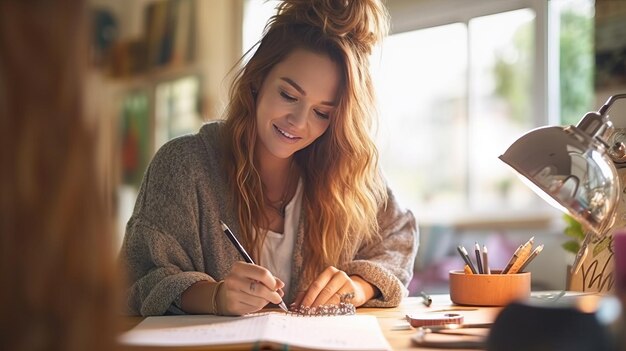 Happy woman or fashion designer writing ideas for her small business in a note book