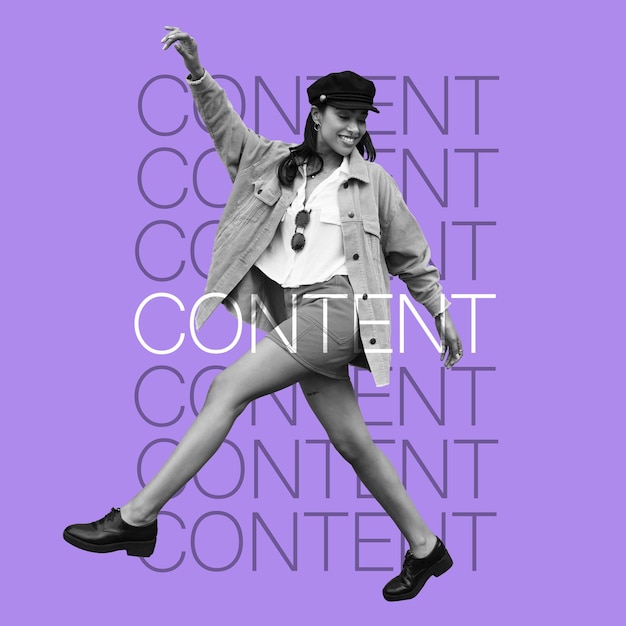 Happy woman fashion influencer and words of motivation overlay and pose on inspirational poster on purple background Energy free and dancing female is content with style and beauty with text