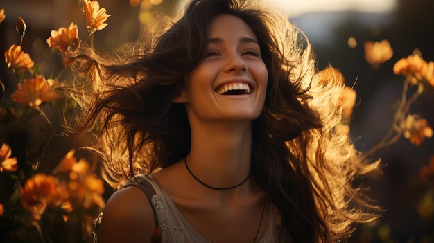 happy woman in a field with sunset hair