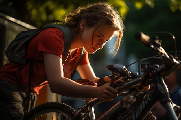 Happy woman fixing bicycle on a bicycle rack with Generative AI