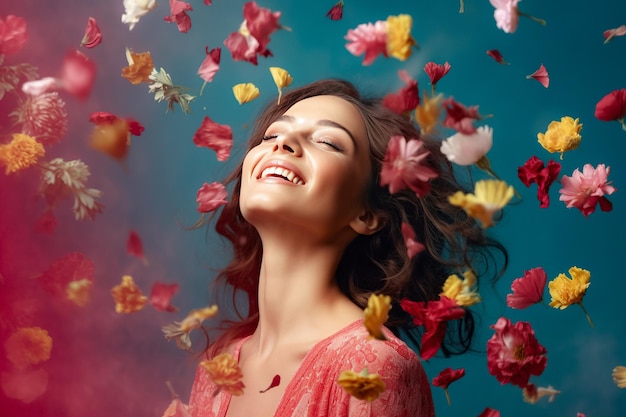 Счастливая женщина в цветах Радостная девушка среди цветов Эмоционально развевающиеся волосы и улыбка