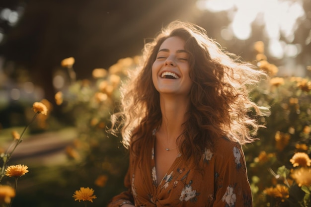 happy woman between flowers