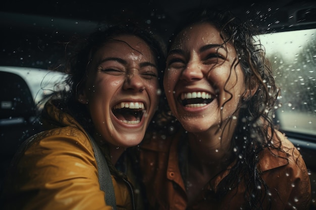행복한 여자와 친구가 여행을 위해 차를 운전합니다. 비오는 날 여행 개념 Generative AI
