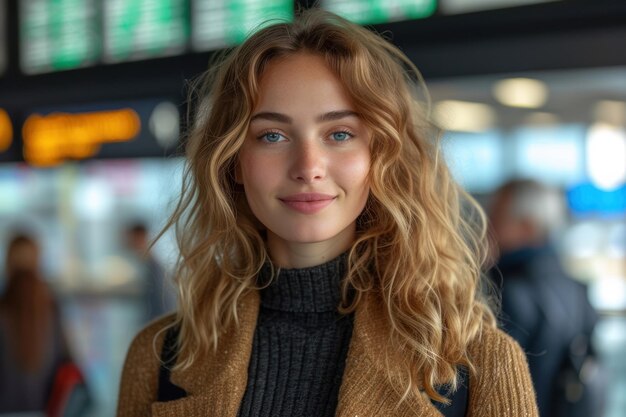 Happy woman in front of information board at train station looking at camera