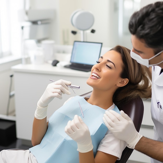 검사를 위해 치과 장비를 사용하여 치과 치과에서 치과 검진을 받는 행복한 여성