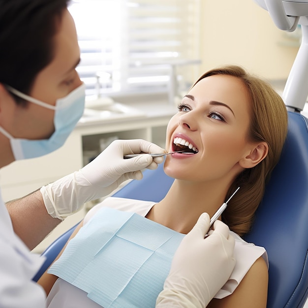 Happy woman getting dental checkup at dentistry Dentist using dental equipment for examination