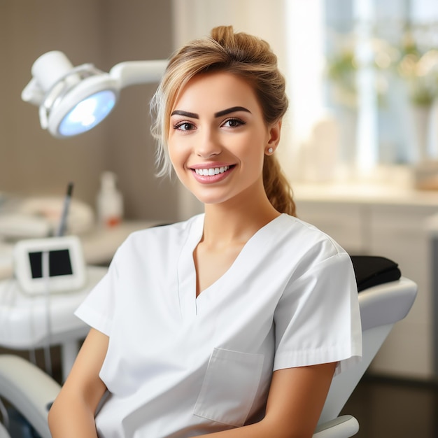 검사를 위해 치과 장비를 사용하여 치과 치과에서 치과 검진을 받는 행복한 여성