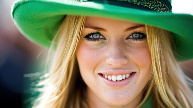 Happy woman in a green Leprechaun elf costume during a St Patricks Day party