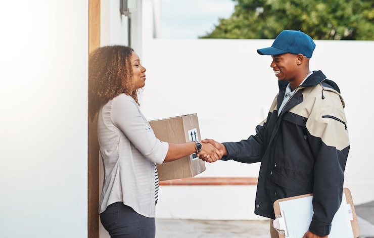 Photo happy woman and handshake with delivery man for box ecommerce and customer appreciation with respect courier person consumer and shaking hands with parcel for thank you and service recognition