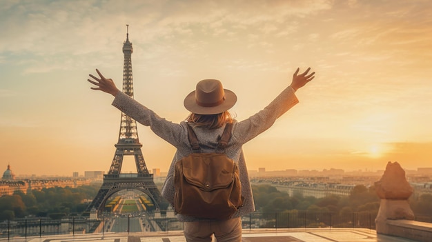 Счастливая женщина в шляпе и рюкзаке с поднятыми руками фото как Эйфелева башня на закате