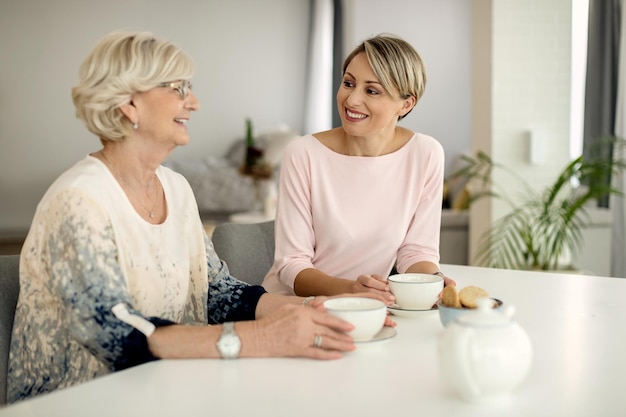 Happy woman having a cup of coffee with her mature mother at home