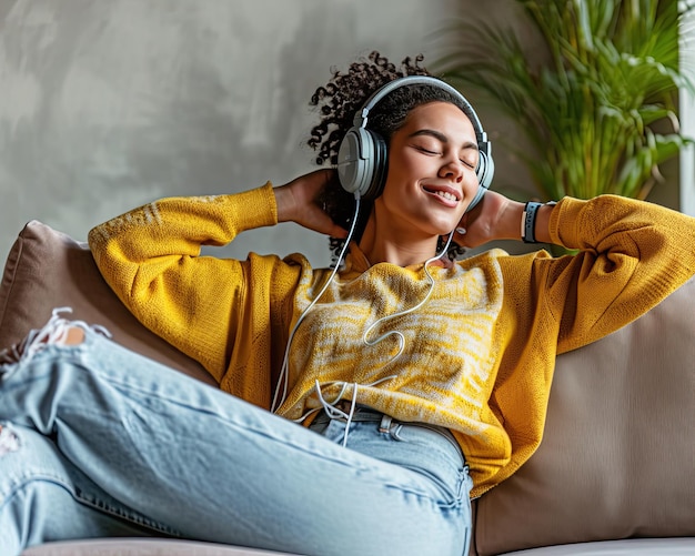 Happy woman in headphone and listening to music podcast audiobook