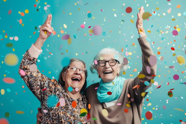 Happy woman and her old senior mother with falling confetti Family day concept Generative AI