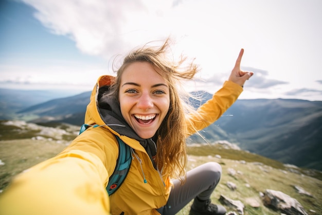 Happy woman hiker taking selfie on mountaintop