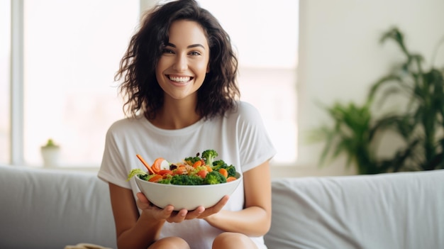 Happy woman holding a bowl of fresh salad with a healthy assortment of vegetables