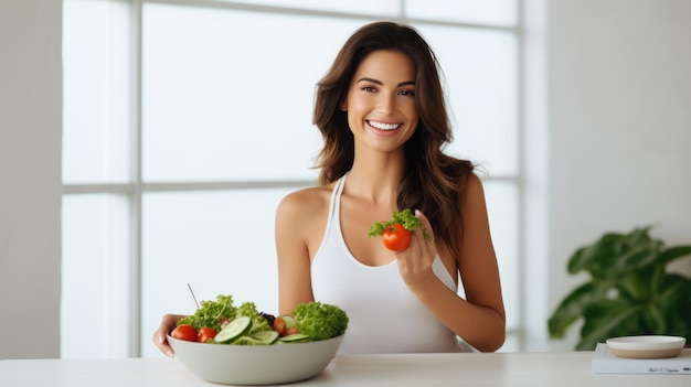 Happy woman holding a bowl of fresh salad with a healthy assortment of vegetables