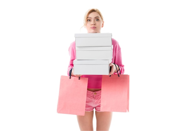 Photo happy woman holding boxes