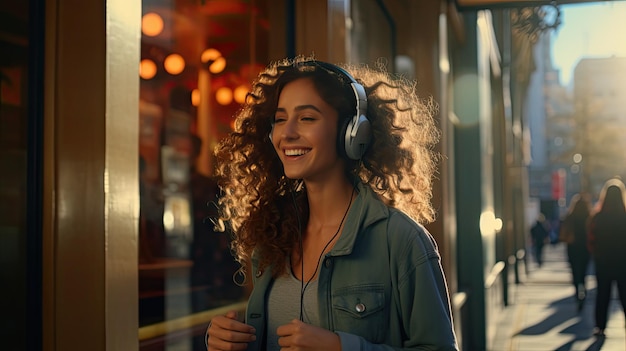 写真 アトラクションの後ろの歩道を歩くときにワイヤレスヘッドフォンで音楽を楽しむ携帯電話を持った幸せな女性