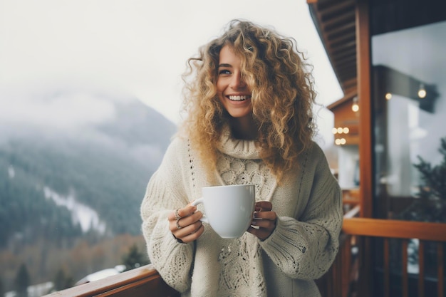 幸せな女性が手でコーヒーを飲んでいます