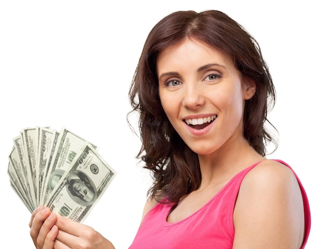 Happy Woman Holding a Dollar Bills - Isolated