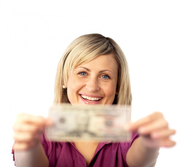 Photo happy woman holding dollars