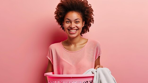 Photo happy woman holding laundry basket