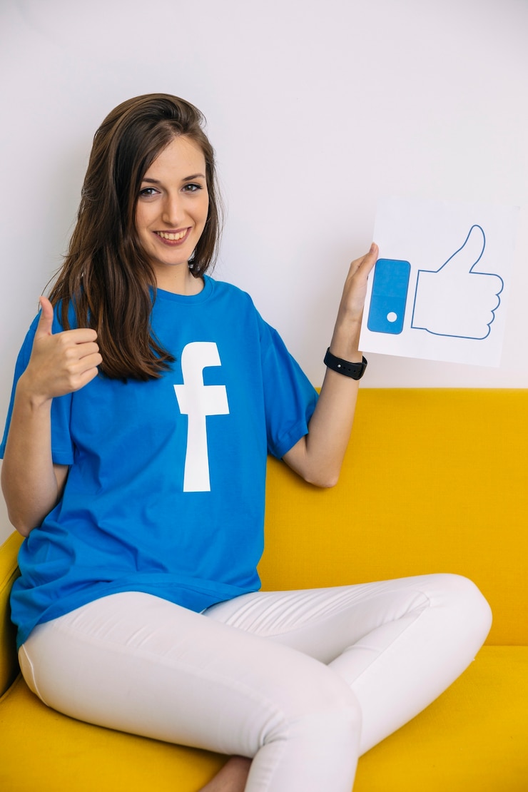 फोटो happy woman holding like icon showing thumb up sign