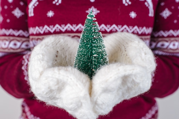 Photo happy woman holding little christmas tree