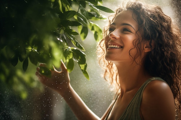 A happy woman is thinning and trimming tree with Generative AI