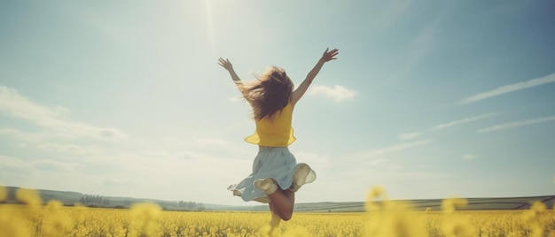 happy woman jumping on blossom meadow beautiful day on field