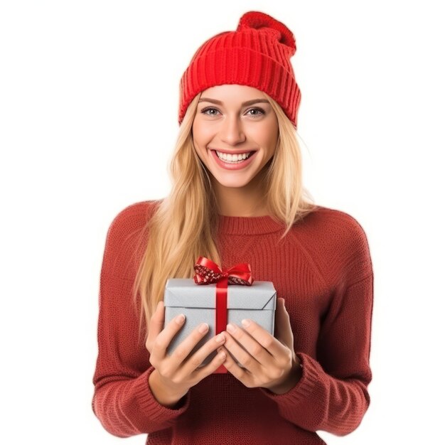 Happy woman in knitted hat with gift box isolated