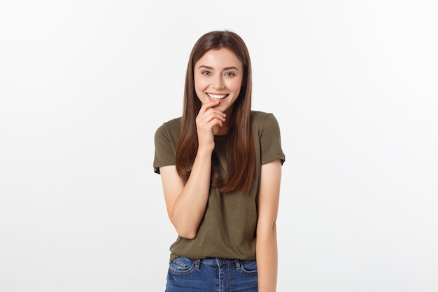 Happy woman Laughing. Closeup portrait woman smiling with perfect smile isolated grey background. Positive human emotion