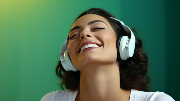a happy woman listening a music in headphones on green background generative AI
