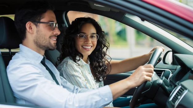행복 한 여자 가 차 를 운전 하는 남자 를 보고 있다
