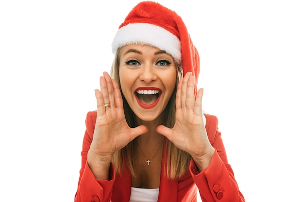 Happy woman loudly rejoices of new year, picture isolated 