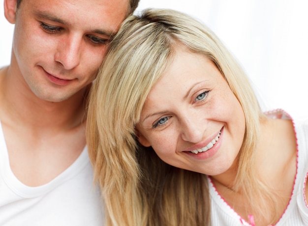 Happy woman and man sitting together