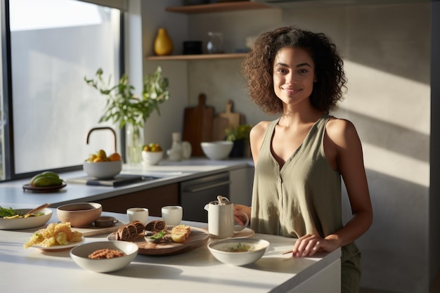 Happy woman in modern kitchen with breakfast at apartment